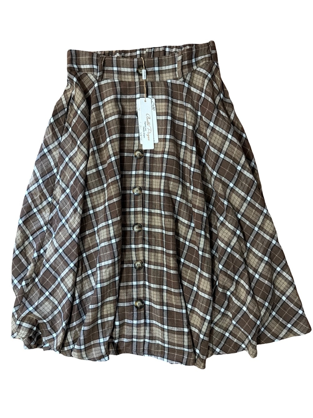 Belle Poque Boutique Plaid Button-Front Brown Circle Skirt with Pockets-Size M